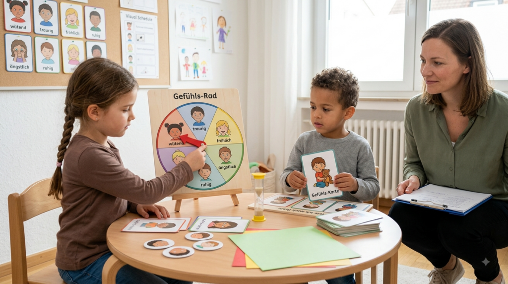 Kinder Junge Mädchen sitzen am Tisch mit Gefühlskarten und erwachsene Person zeigen Gefühle mit Rad