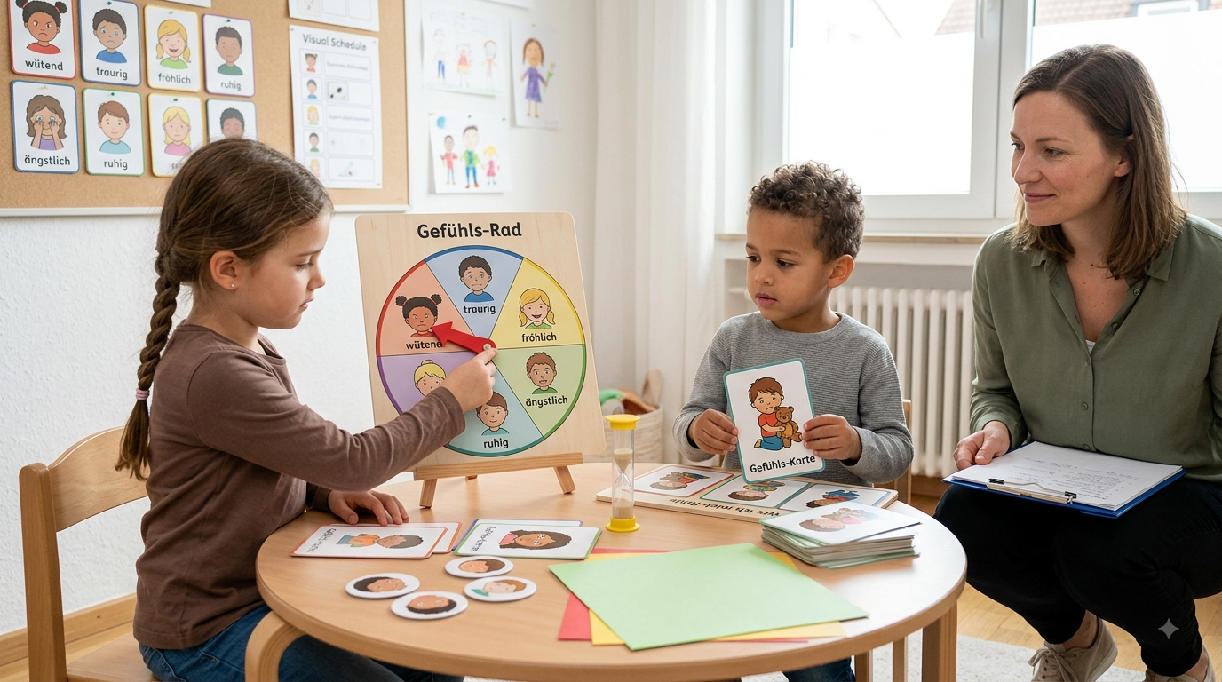 Kinder Junge Mädchen sitzen am Tisch mit Gefühlskarten und erwachsene Person zeigen Gefühle mit Rad