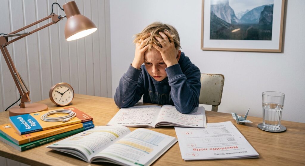 kind mit bücher und heften am lernen ist überfordert hat Druck Leistungsdruck und Versagensängste plagen ihn