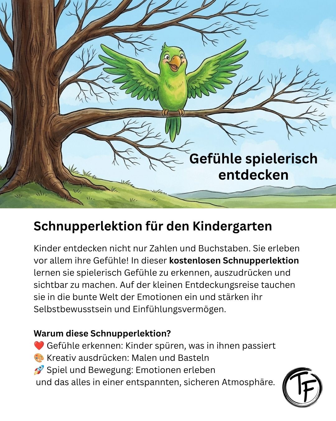 Flyer Werbung für Schnupperlektion für den Kindergarten Gefühle spielerisch entdecken Rückseite