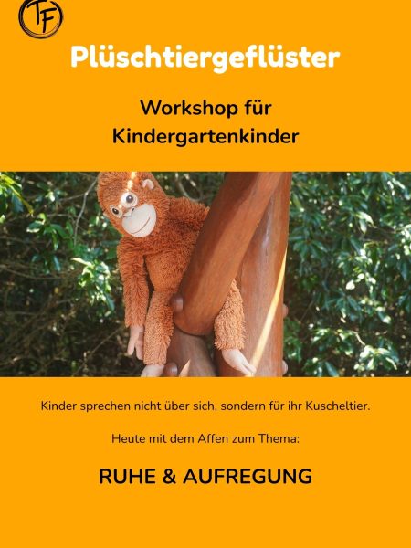 brauner Affe Plüschtier Kuscheltier Stofftier fröhlich Titelbild Plüschtiergeflüster Workshop Kinder Ruhe Aufregung Gefühle Aktiv Kindergartenkinder